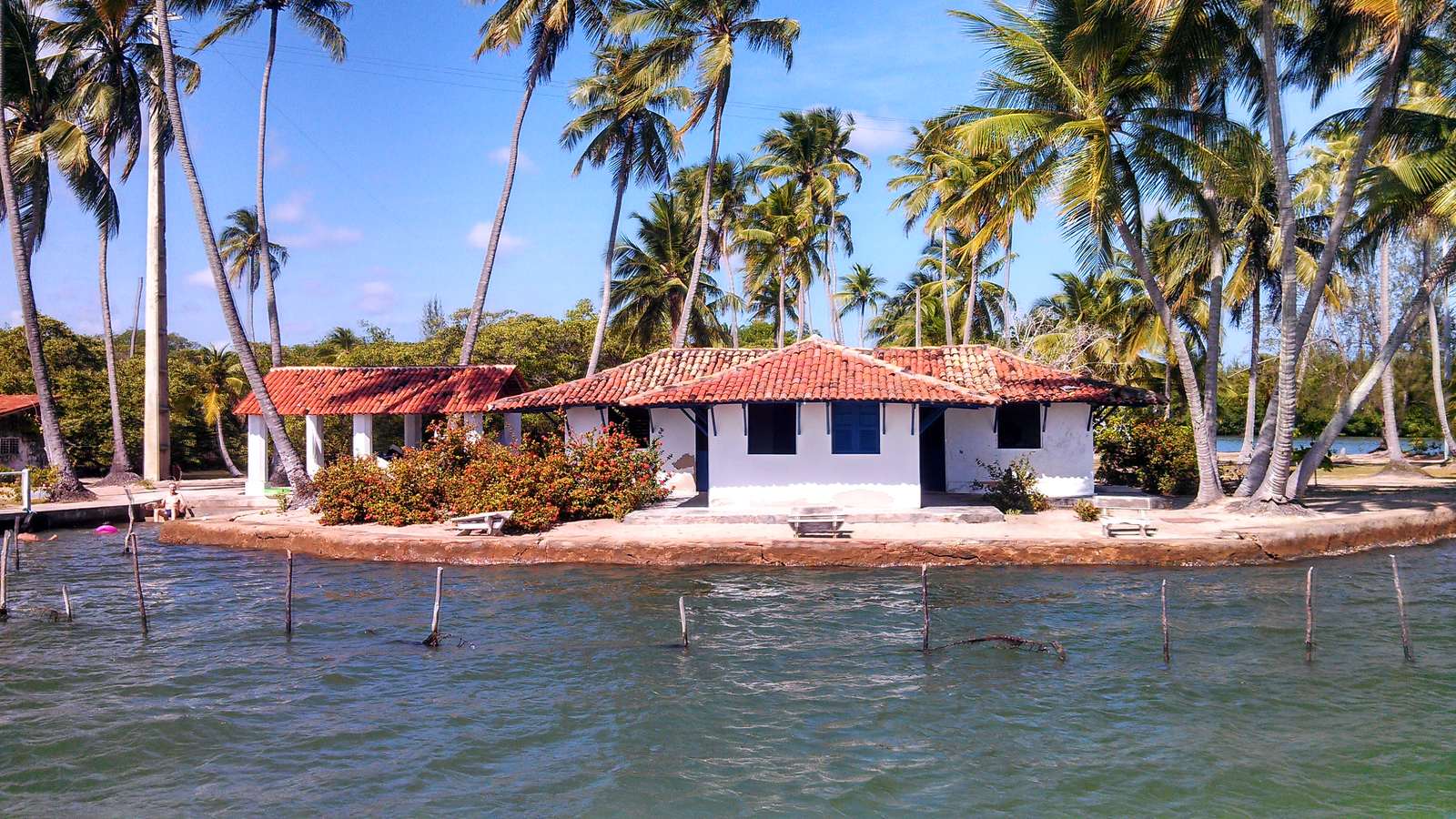 Casa de telhado vermelho numa ilha da Lagoa Mundaú, cercada de coqueiros