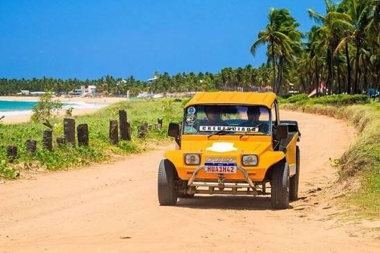 Buggy amarelo em estrada de areia entre a vegetação e a praia, em Porto de Galinhas